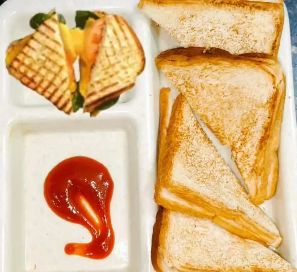 Sandwiches and toasted bread served in a meal tray.